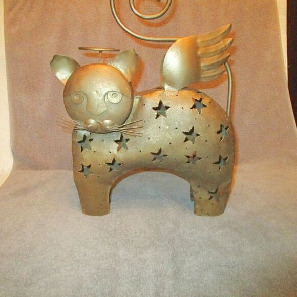 17" Metal ANGEL Fairy CAT Candle HOLDER Folk Art WINGS Fantasy STARS Sculpture - Picture 2 of 11